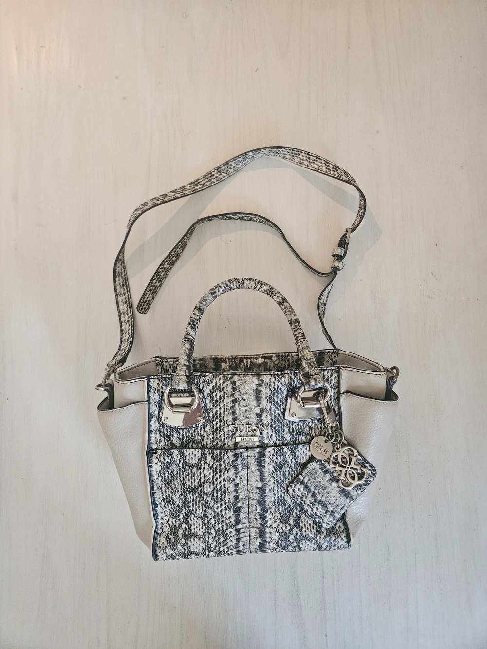 Guess Snake-Print Satchel in White and Black